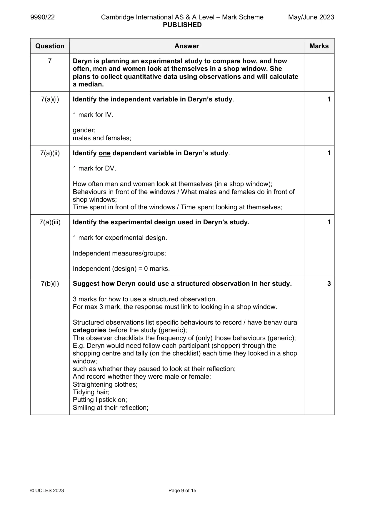 Mark scheme, page 9 of 15