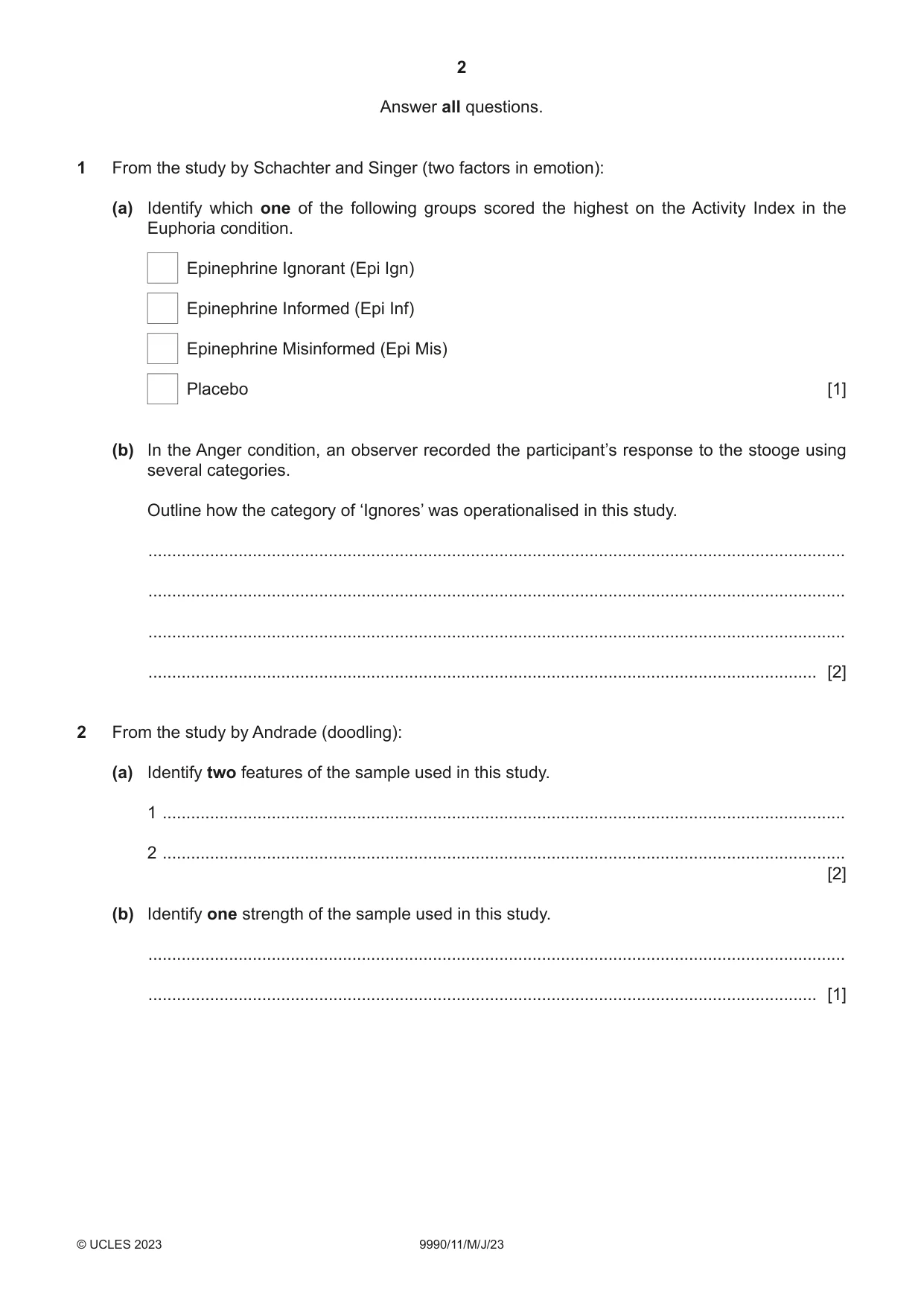 Cambridge A Level Psychology (from 2018) 9990 2023 May/June Paper 1 · Variant 1 question paper, page 2 of 12
