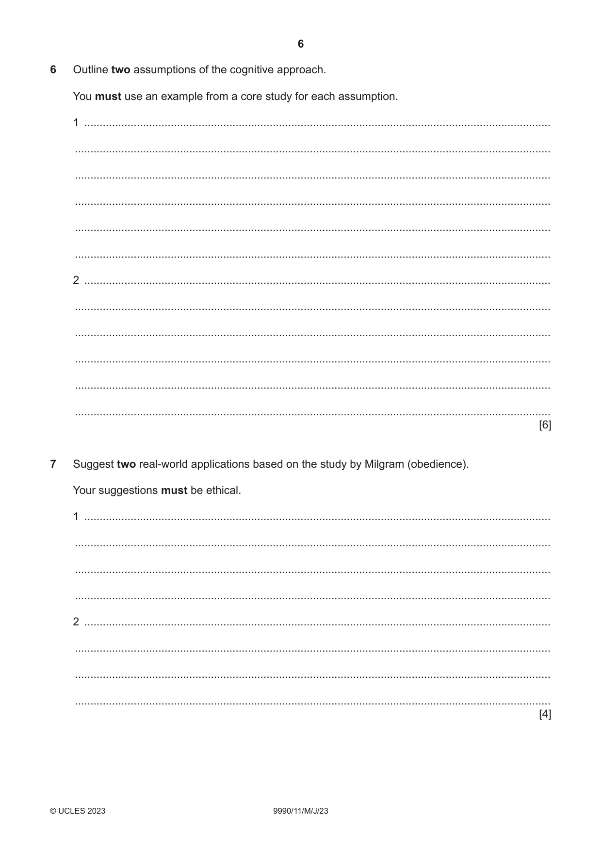 Cambridge A Level Psychology (from 2018) 9990 2023 May/June Paper 1 · Variant 1 question paper, page 6 of 12