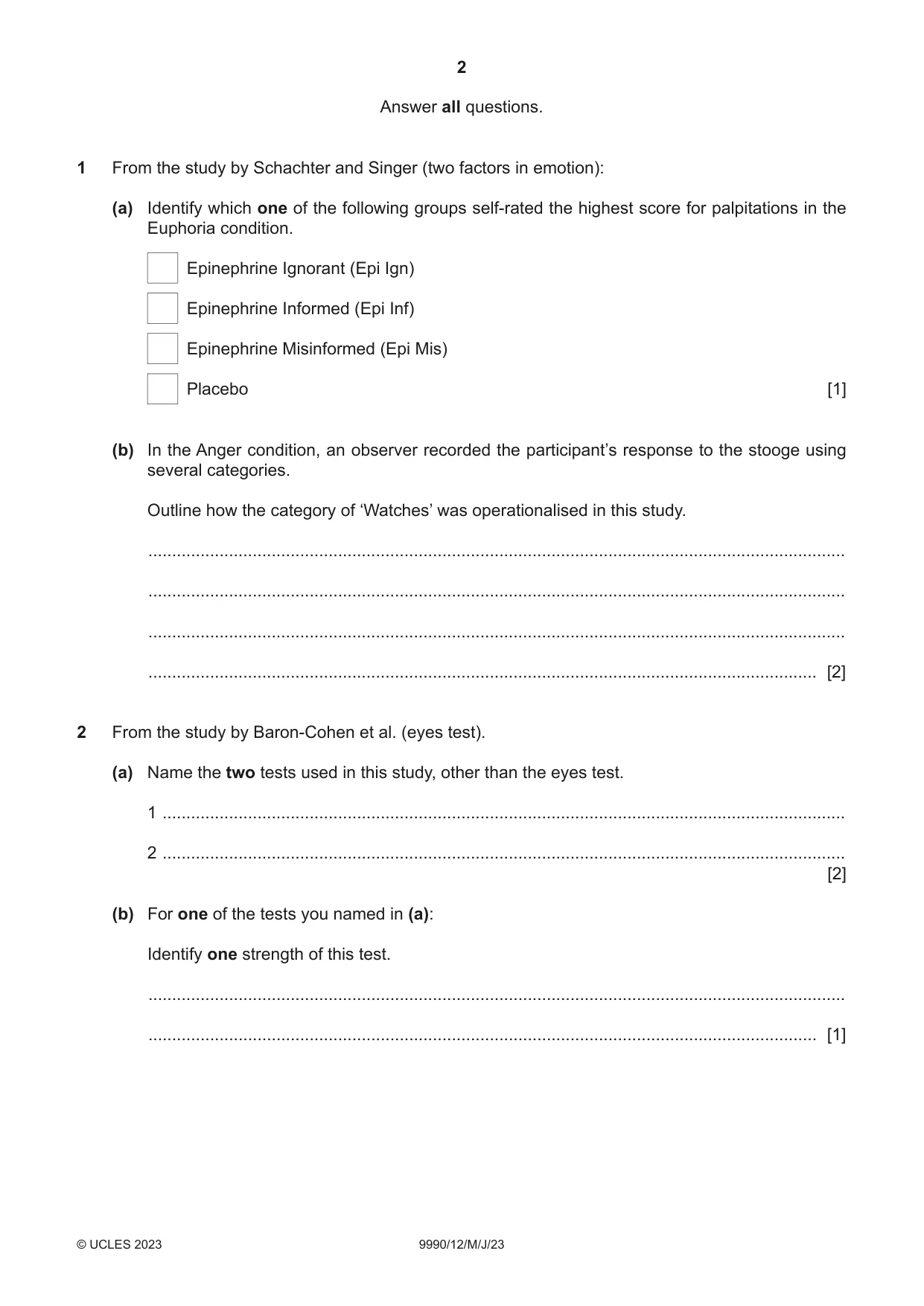 Cambridge A Level Psychology (from 2018) 9990 2023 May/June Paper 1 · Variant 2 question paper, page 2 of 12