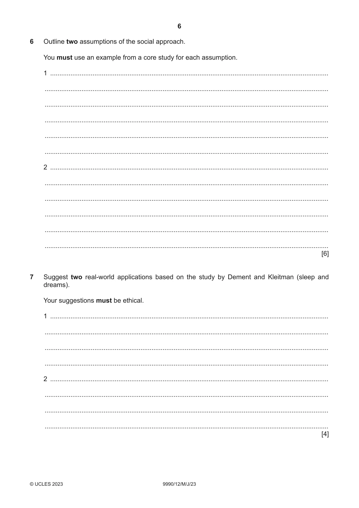 Cambridge A Level Psychology (from 2018) 9990 2023 May/June Paper 1 · Variant 2 question paper, page 6 of 12