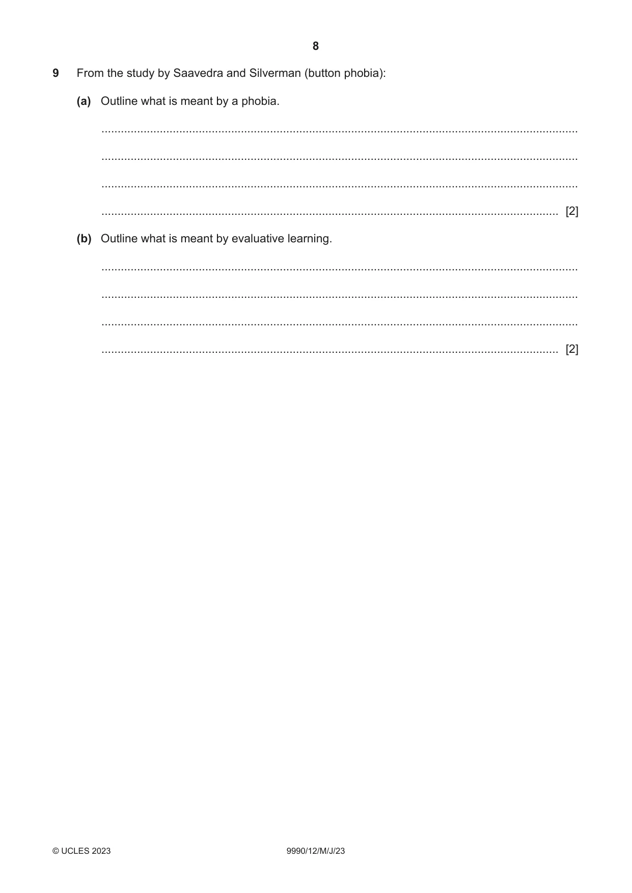 Cambridge A Level Psychology (from 2018) 9990 2023 May/June Paper 1 · Variant 2 question paper, page 8 of 12
