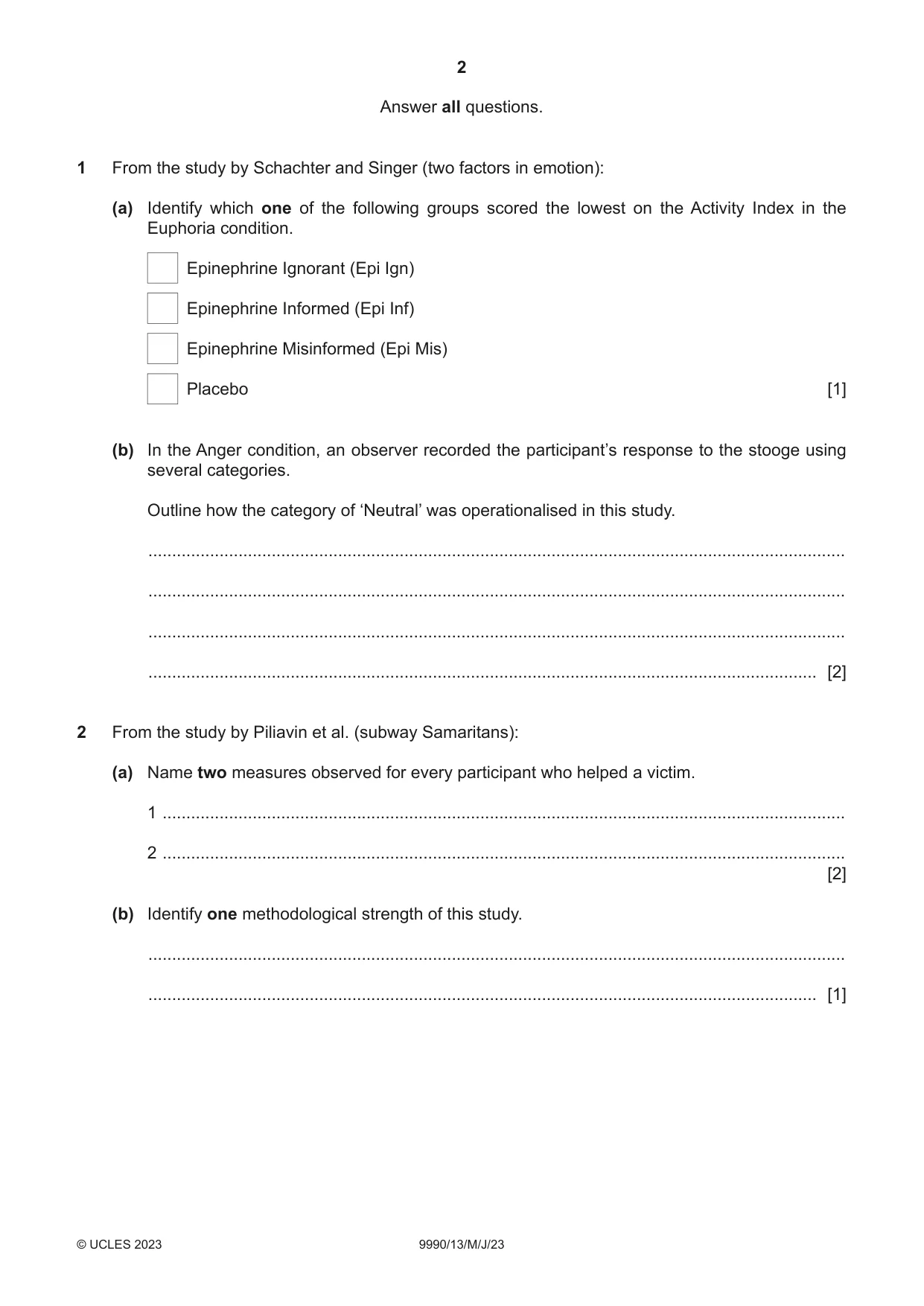 Cambridge A Level Psychology (from 2018) 9990 2023 May/June Paper 1 · Variant 3 question paper, page 2 of 12