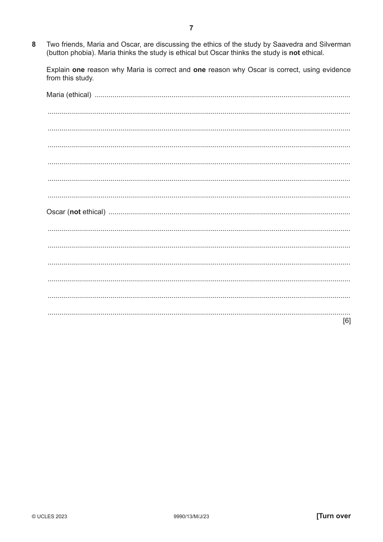 Cambridge A Level Psychology (from 2018) 9990 2023 May/June Paper 1 · Variant 3 question paper, page 7 of 12