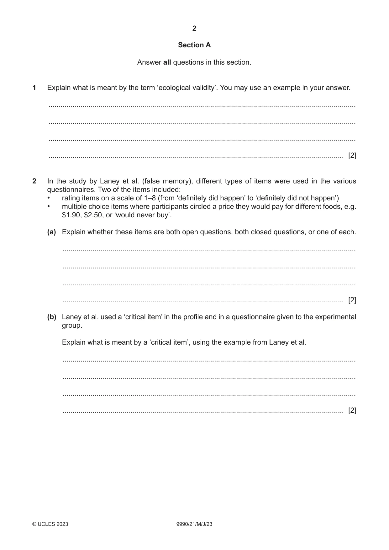 Cambridge A Level Psychology (from 2018) 9990 2023 May/June Paper 2 · Variant 1 question paper, page 2 of 12