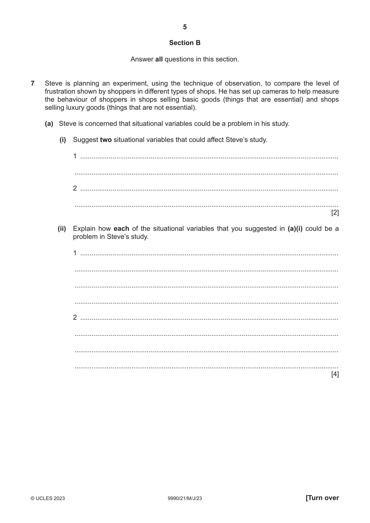 Cambridge A Level Psychology (from 2018) 9990 2023 May/June Paper 2 · Variant 1 question paper, page 5 of 12
