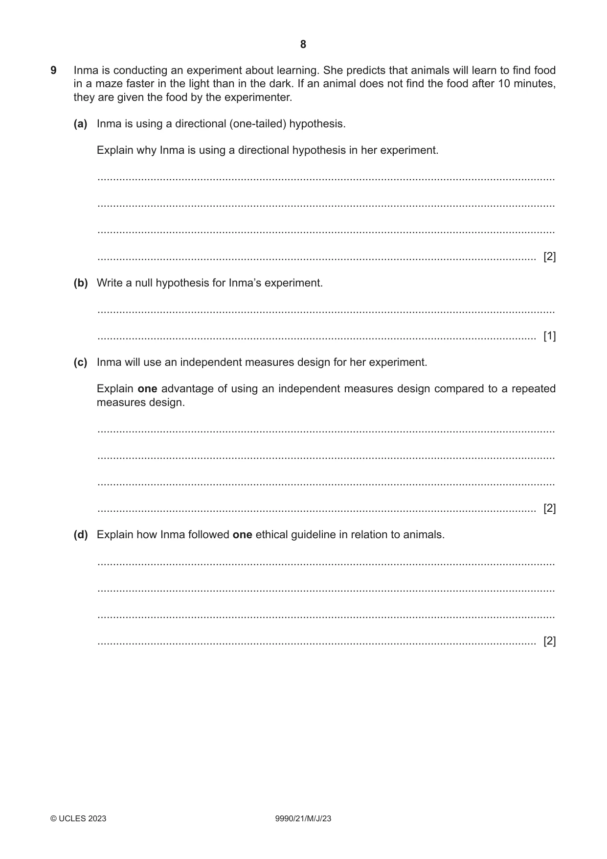 Cambridge A Level Psychology (from 2018) 9990 2023 May/June Paper 2 · Variant 1 question paper, page 8 of 12