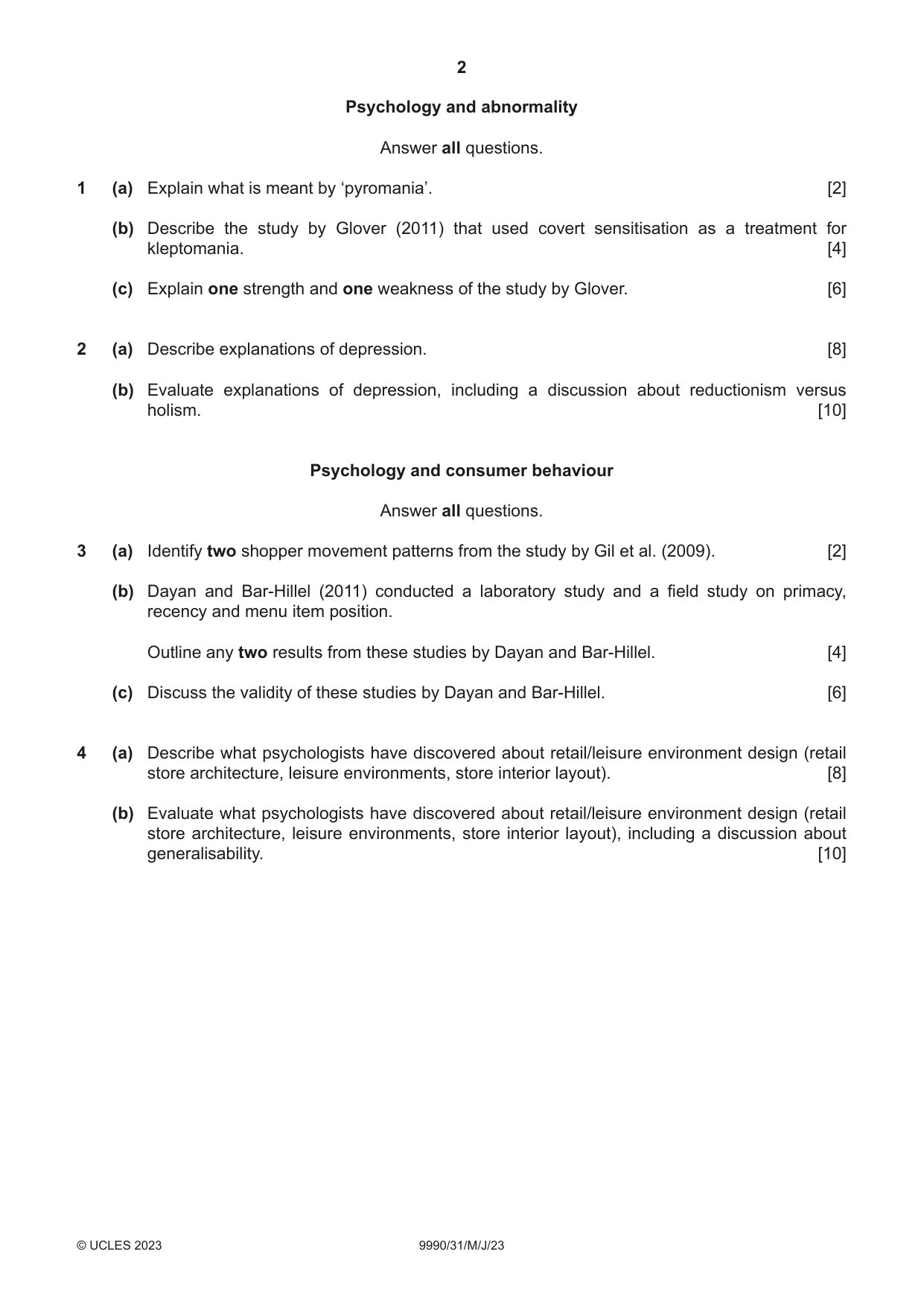 Cambridge A Level Psychology (from 2018) 9990 2023 May/June Paper 3 · Variant 1 question paper, page 2 of 4