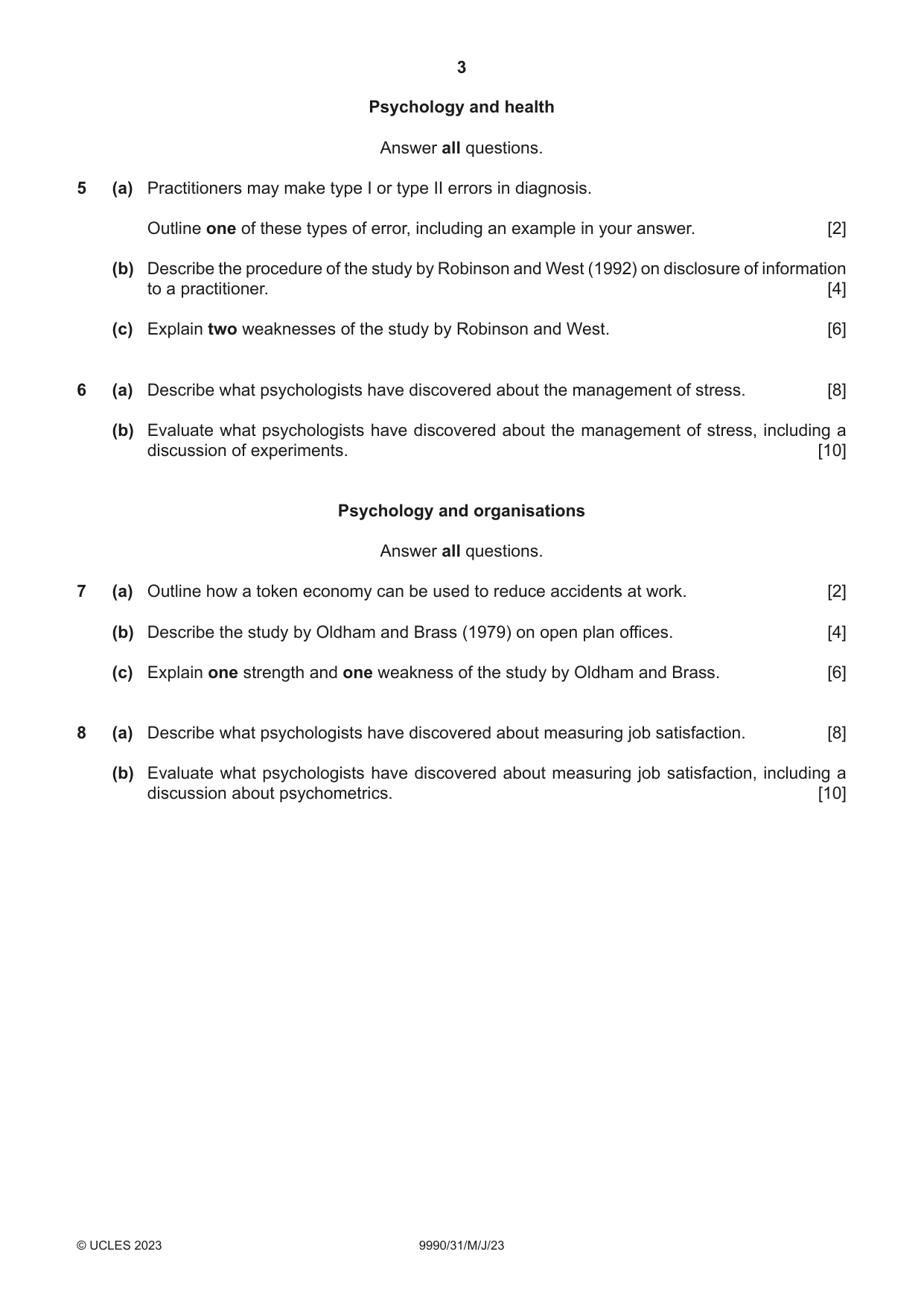 Cambridge A Level Psychology (from 2018) 9990 2023 May/June Paper 3 · Variant 1 question paper, page 3 of 4