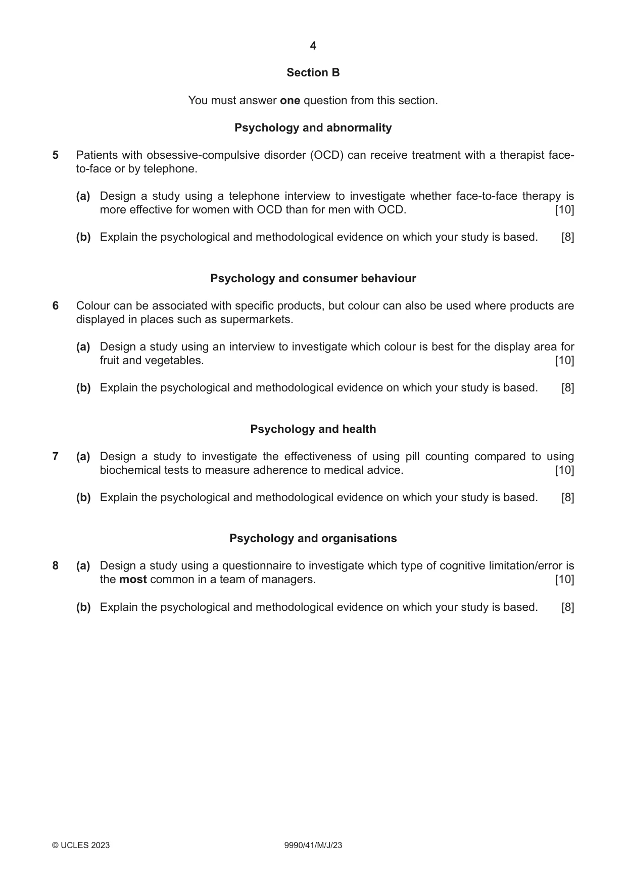 Cambridge A Level Psychology (from 2018) 9990 2023 May/June Paper 4 · Variant 1 question paper, page 4 of 8