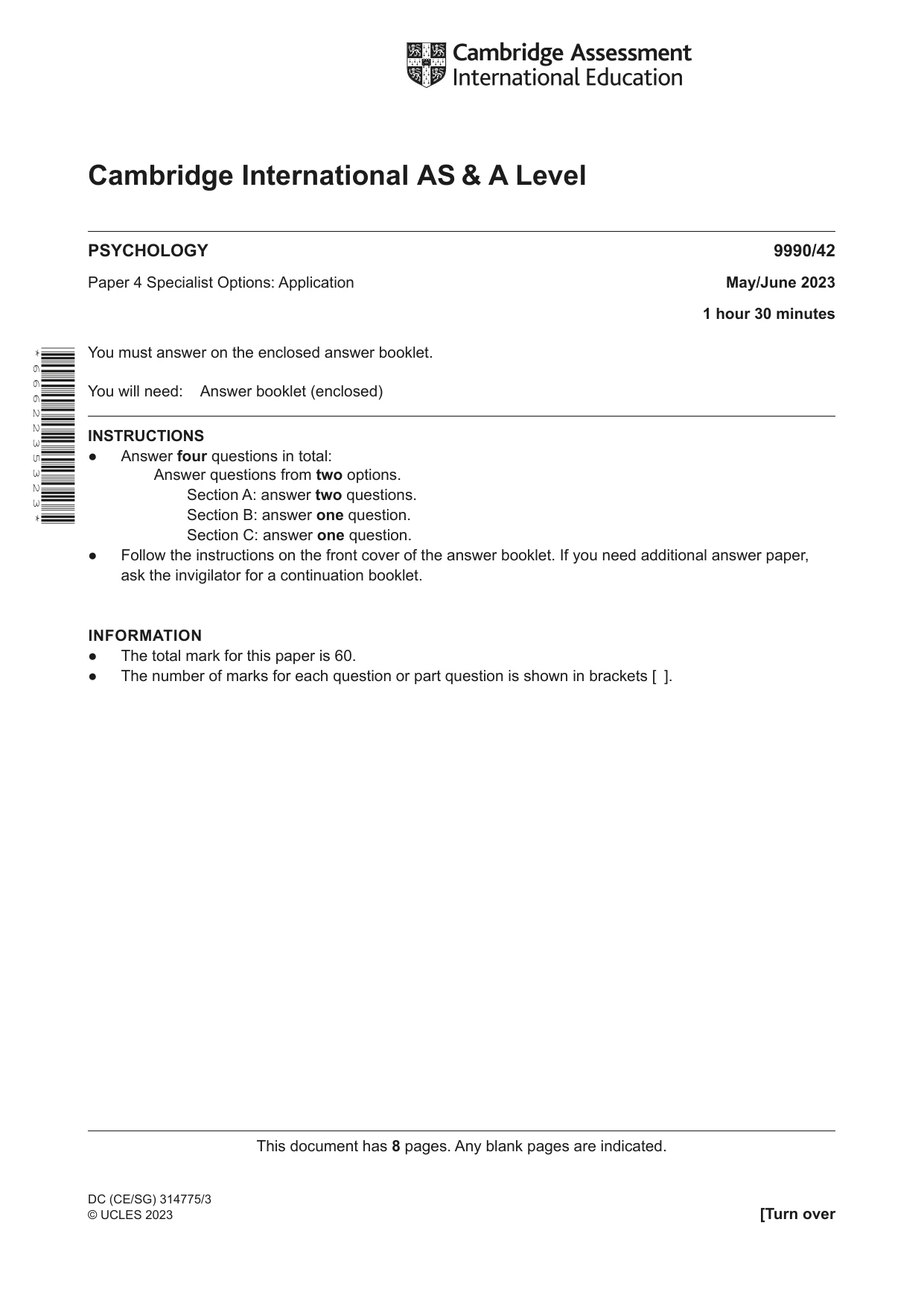 Cambridge A Level Psychology (from 2018) 9990 2023 May/June Paper 4 · Variant 2 question paper, page 1 of 8