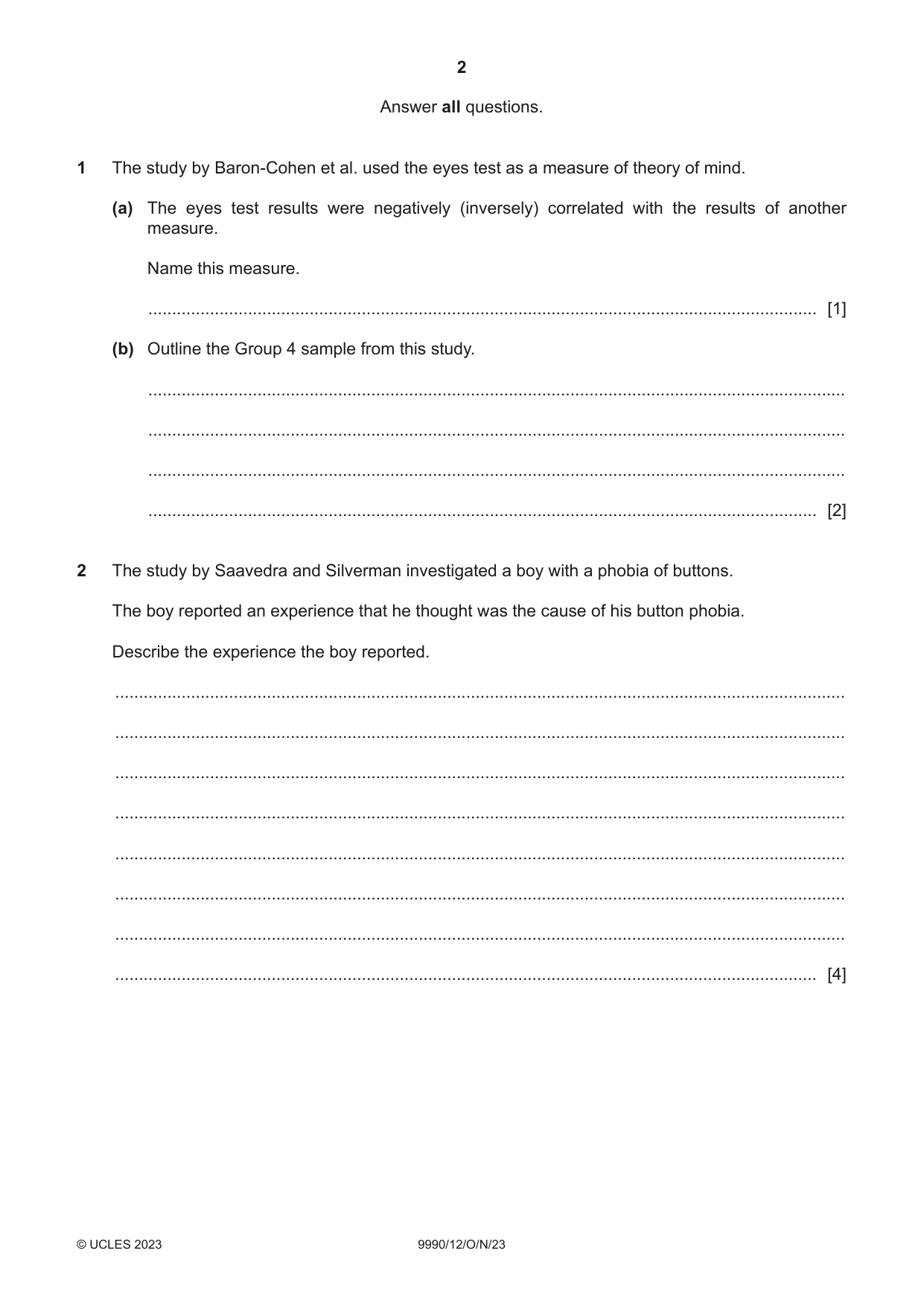Cambridge A Level Psychology (from 2018) 9990 2023 Oct/Nov Paper 1 · Variant 2 question paper, page 2 of 12