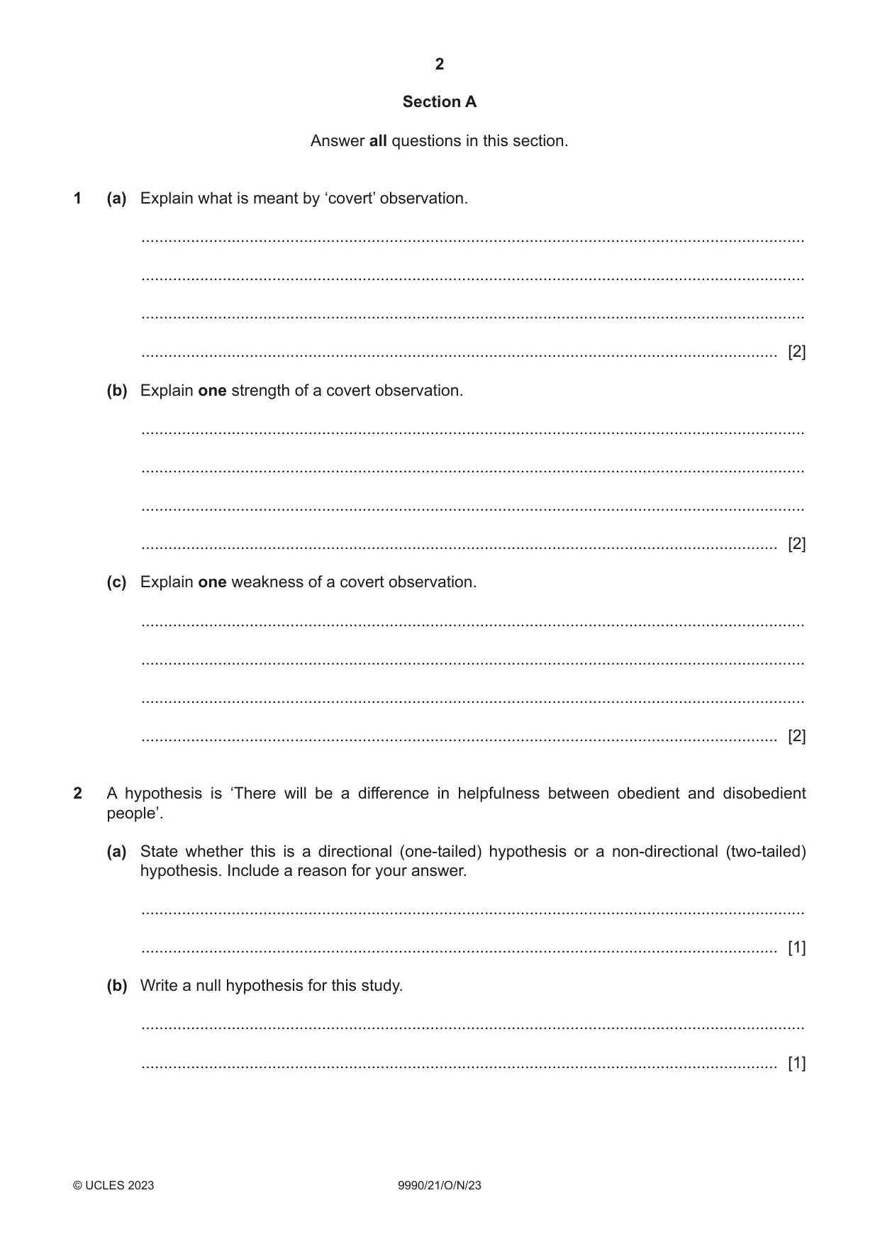 Cambridge A Level Psychology (from 2018) 9990 2023 Oct/Nov Paper 2 · Variant 1 question paper, page 2 of 12