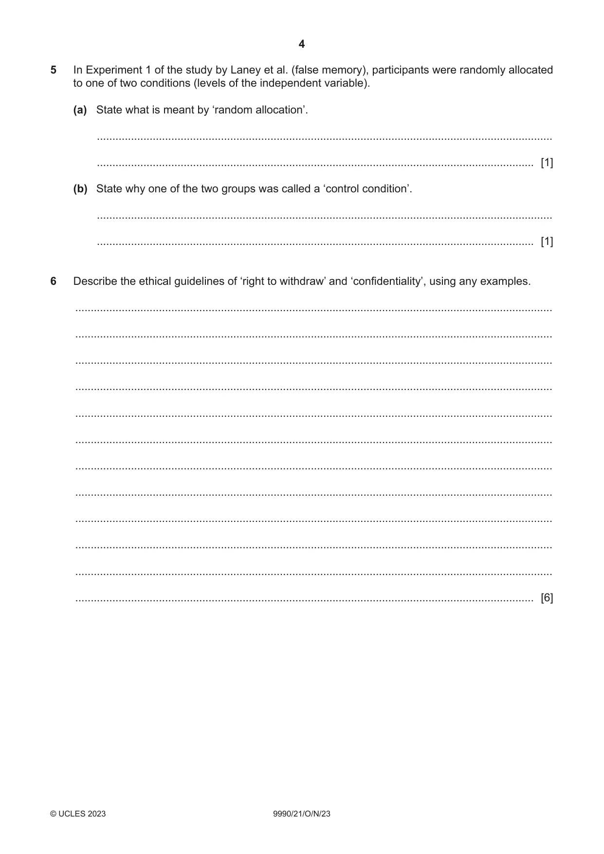 Cambridge A Level Psychology (from 2018) 9990 2023 Oct/Nov Paper 2 · Variant 1 question paper, page 4 of 12