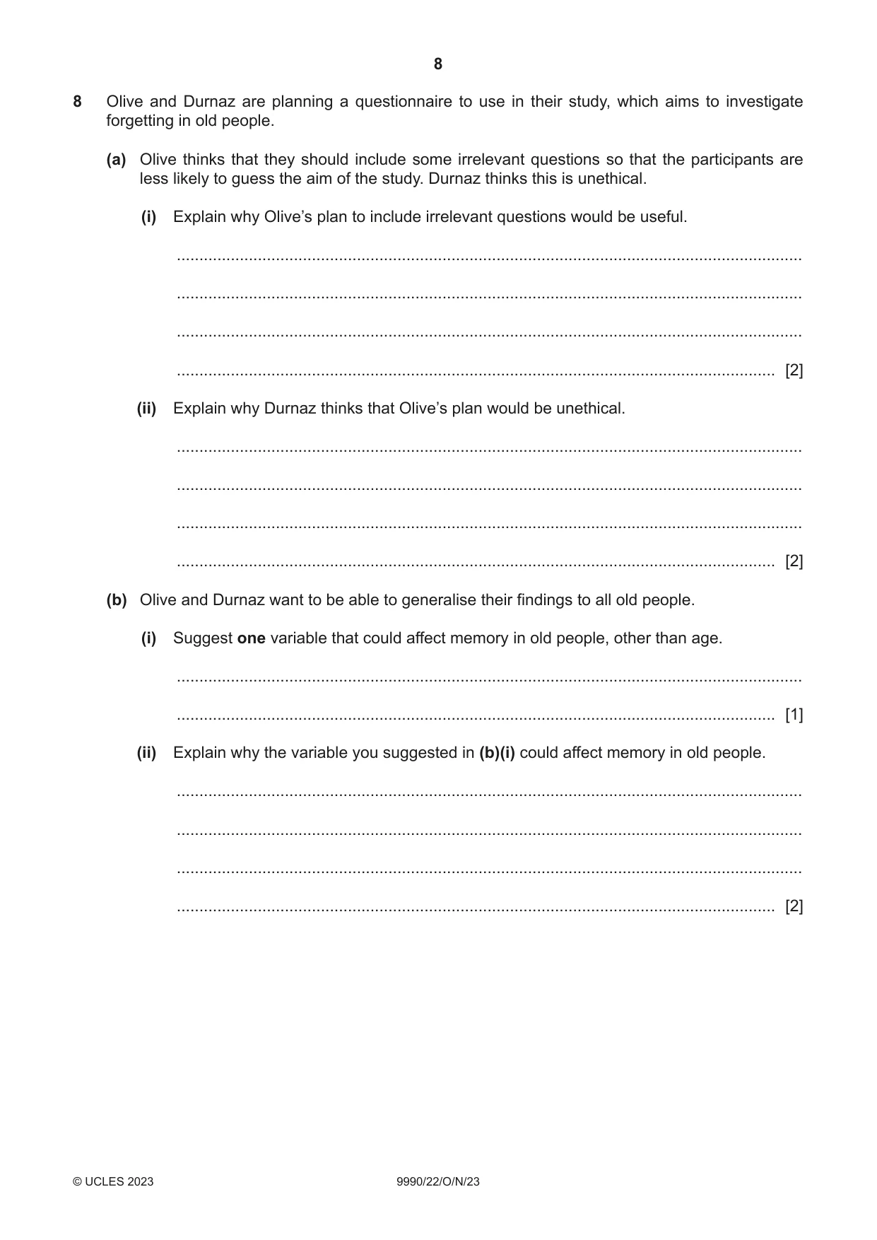 Cambridge A Level Psychology (from 2018) 9990 2023 Oct/Nov Paper 2 · Variant 2 question paper, page 8 of 12