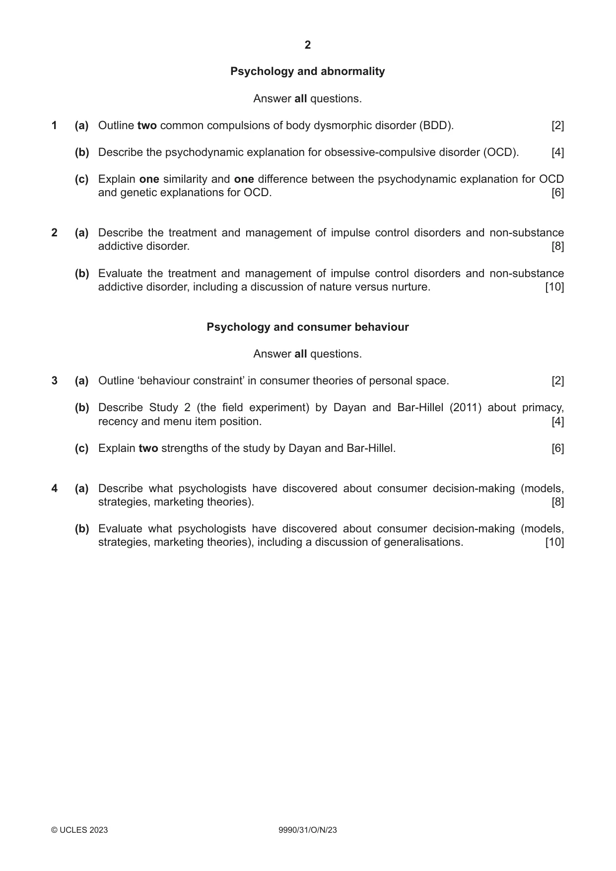 Cambridge A Level Psychology (from 2018) 9990 2023 Oct/Nov Paper 3 · Variant 1 question paper, page 2 of 4