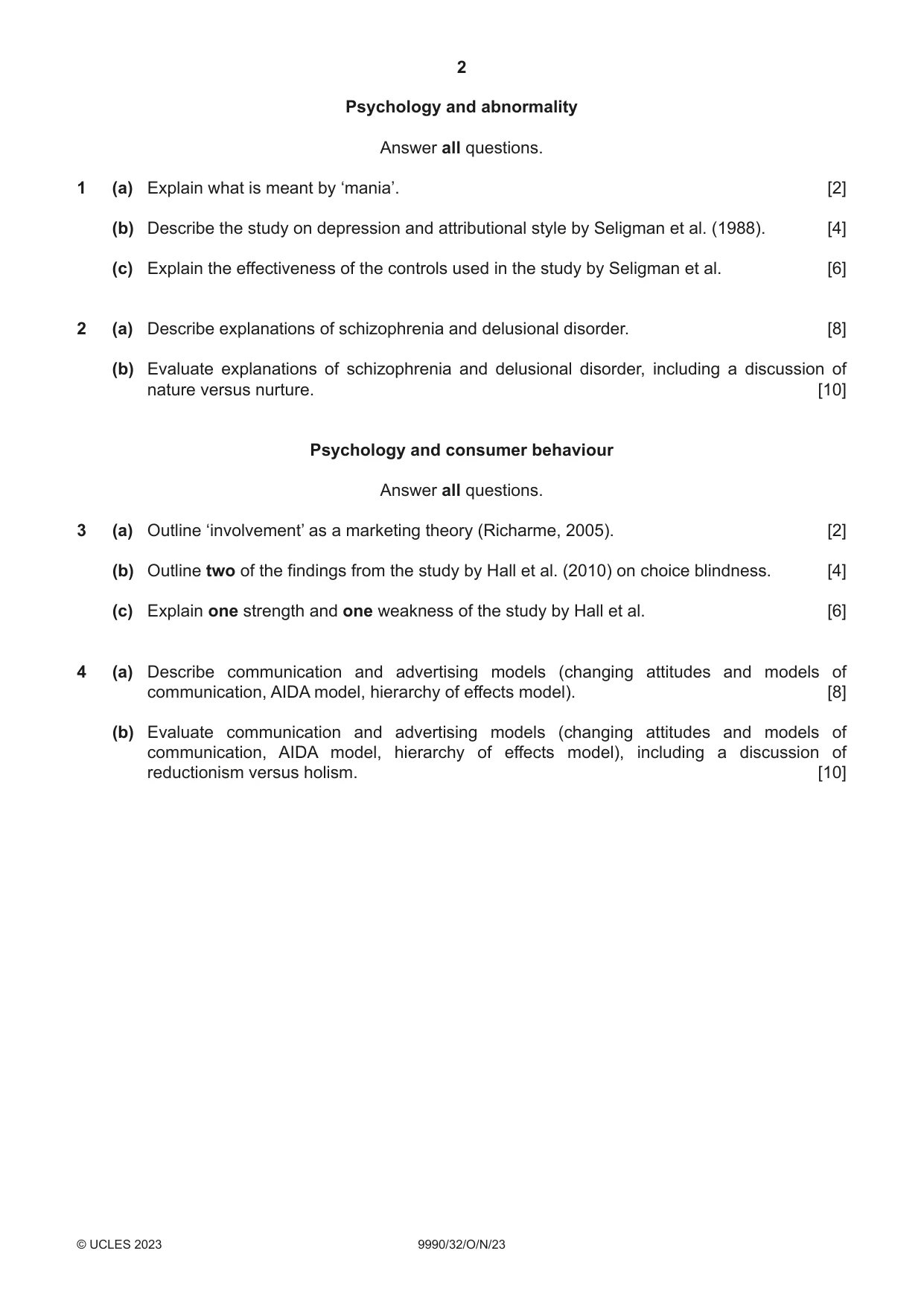 Cambridge A Level Psychology (from 2018) 9990 2023 Oct/Nov Paper 3 · Variant 2 question paper, page 2 of 4