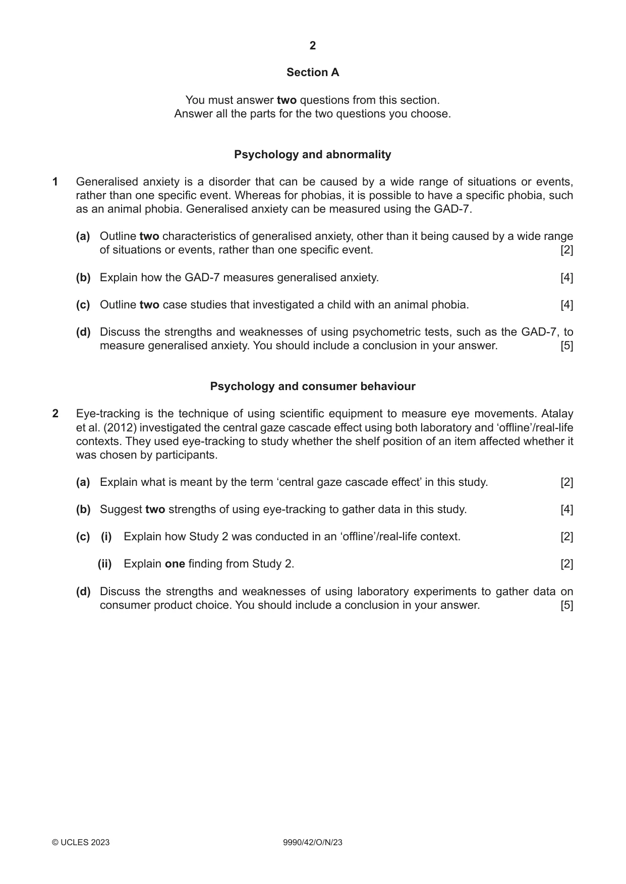 Cambridge A Level Psychology (from 2018) 9990 2023 Oct/Nov Paper 4 · Variant 2 question paper, page 2 of 8