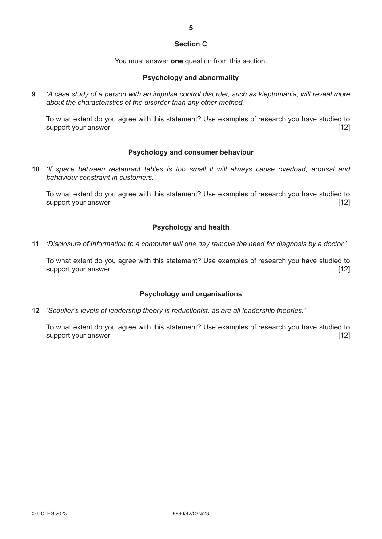 Cambridge A Level Psychology (from 2018) 9990 2023 Oct/Nov Paper 4 · Variant 2 question paper, page 5 of 8