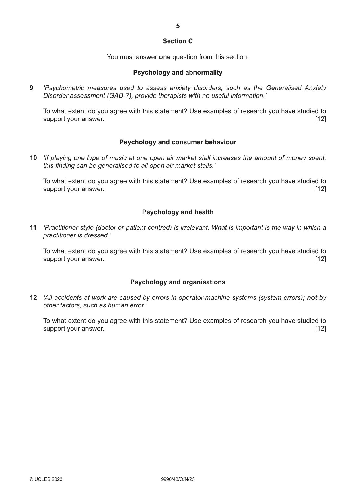 Cambridge A Level Psychology (from 2018) 9990 2023 Oct/Nov Paper 4 · Variant 3 question paper, page 5 of 8