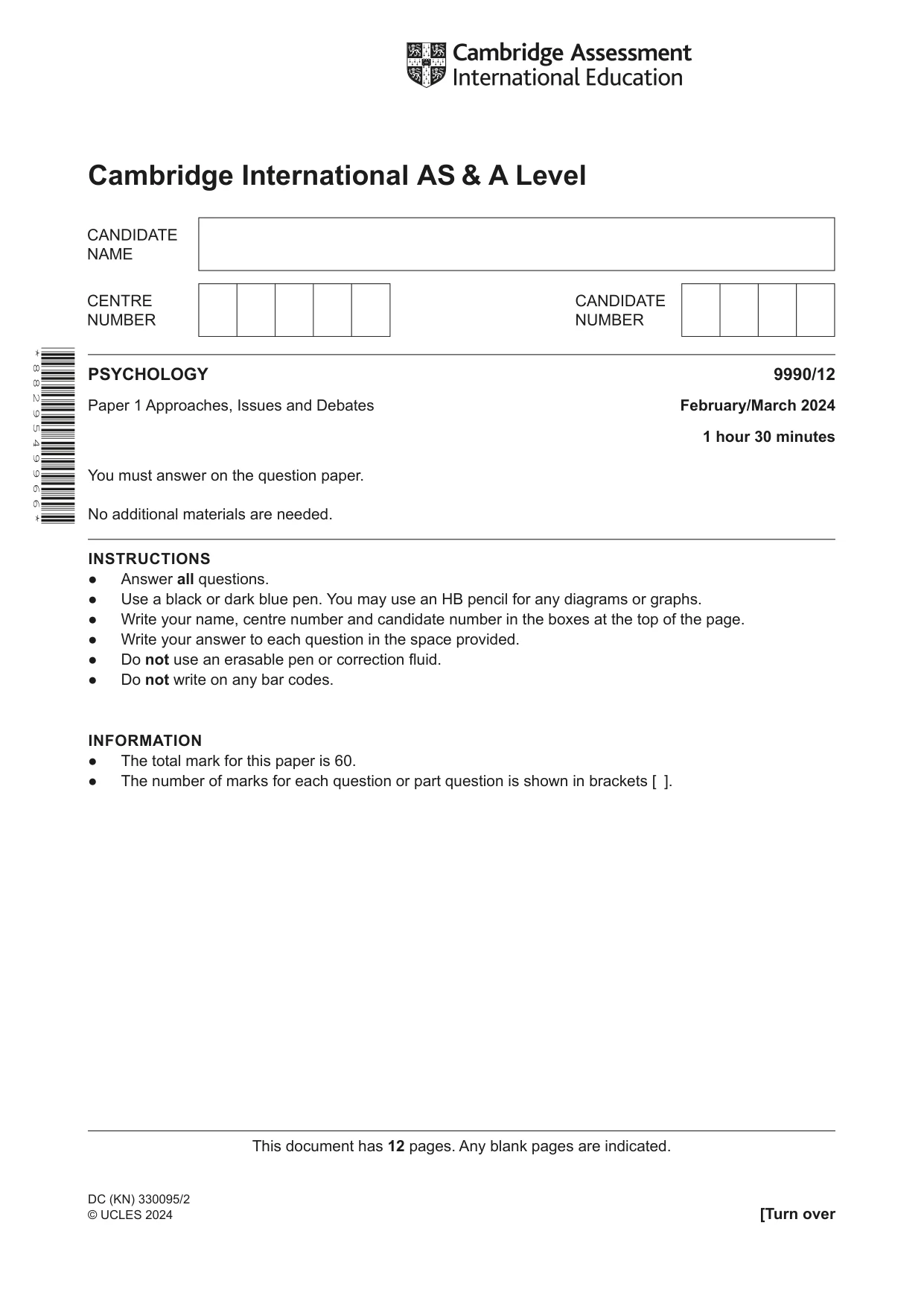 Cambridge A Level Psychology (from 2018) 9990 2024 Feb/March Paper 1 · Variant 2 question paper, page 1 of 12