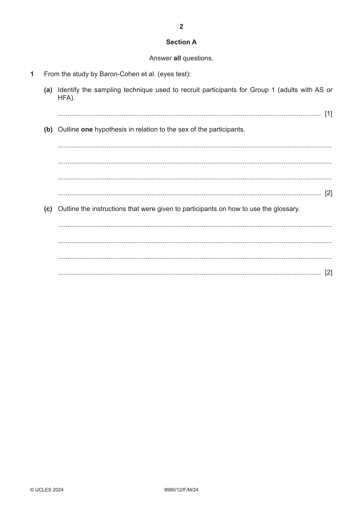 Cambridge A Level Psychology (from 2018) 9990 2024 Feb/March Paper 1 · Variant 2 question paper, page 2 of 12