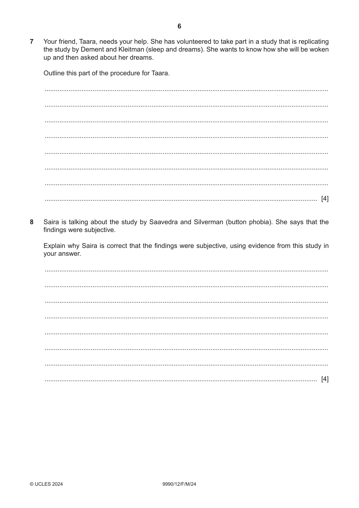 Cambridge A Level Psychology (from 2018) 9990 2024 Feb/March Paper 1 · Variant 2 question paper, page 6 of 12