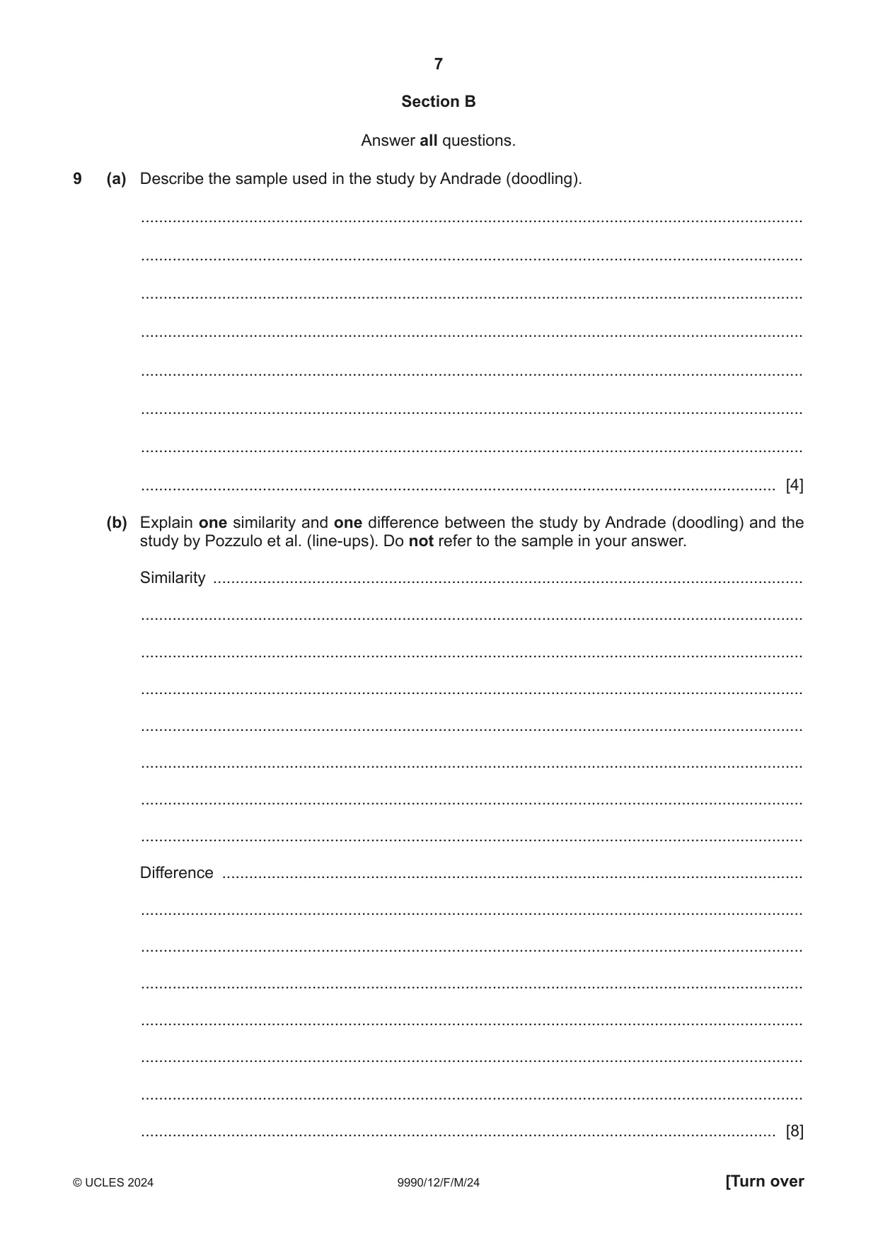 Cambridge A Level Psychology (from 2018) 9990 2024 Feb/March Paper 1 · Variant 2 question paper, page 7 of 12