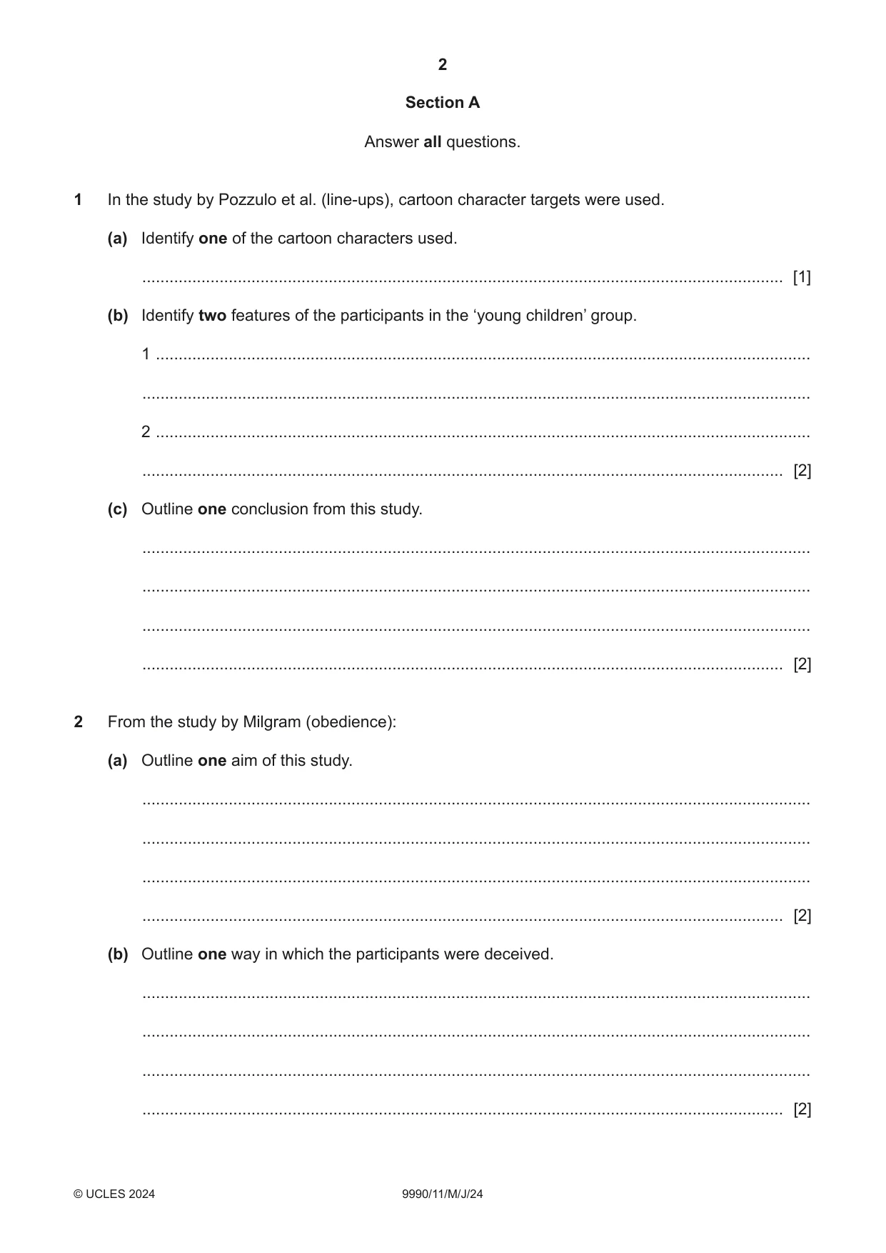 Cambridge A Level Psychology (from 2018) 9990 2024 May/June Paper 1 · Variant 1 question paper, page 2 of 12