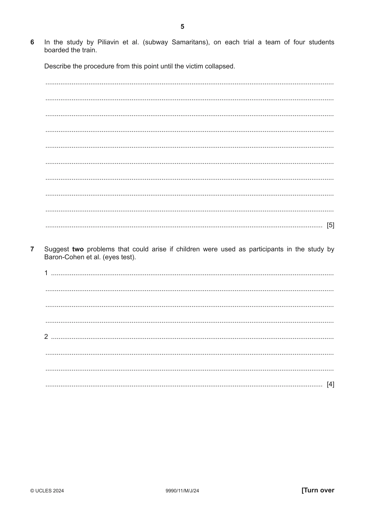Cambridge A Level Psychology (from 2018) 9990 2024 May/June Paper 1 · Variant 1 question paper, page 5 of 12