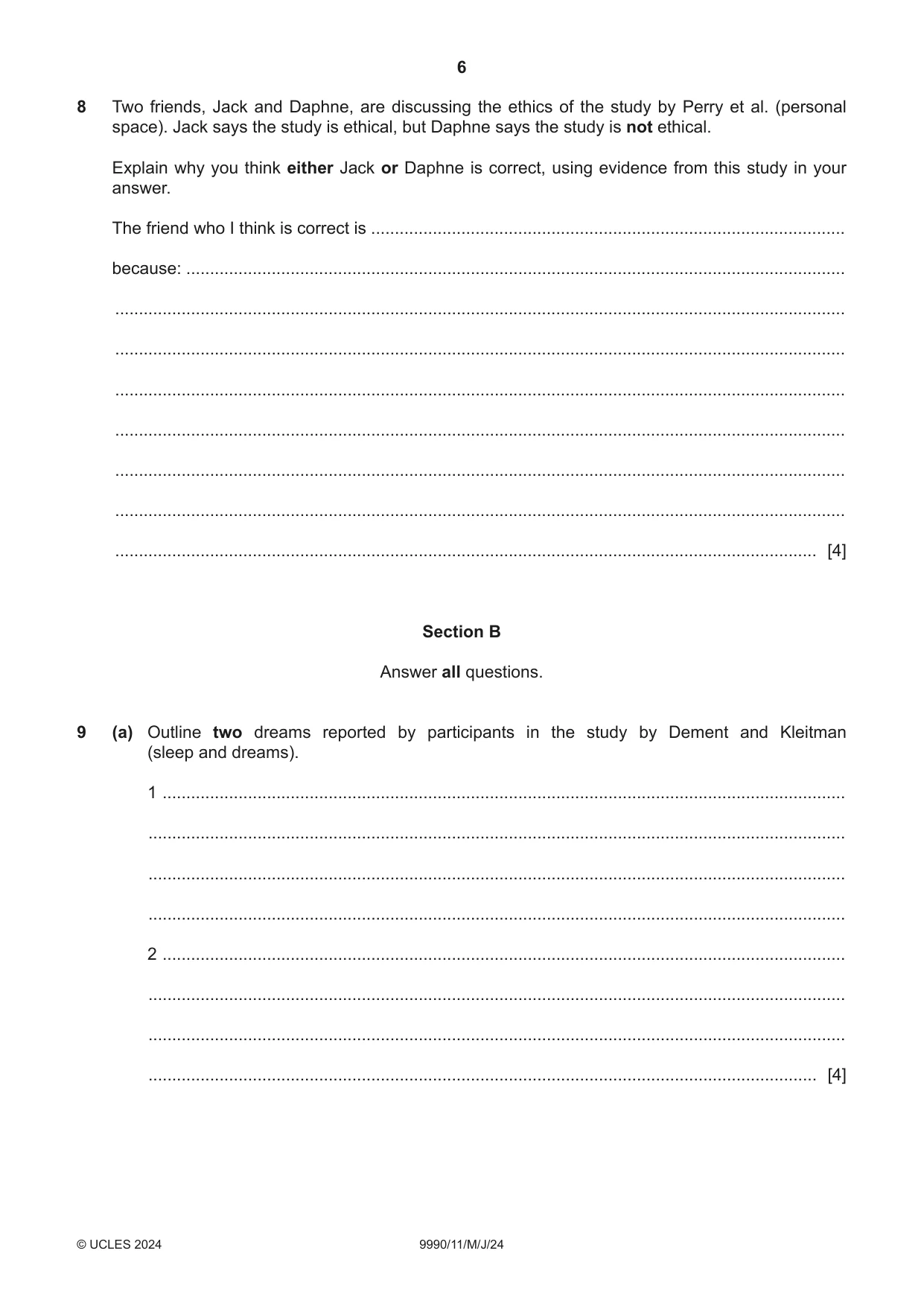 Cambridge A Level Psychology (from 2018) 9990 2024 May/June Paper 1 · Variant 1 question paper, page 6 of 12