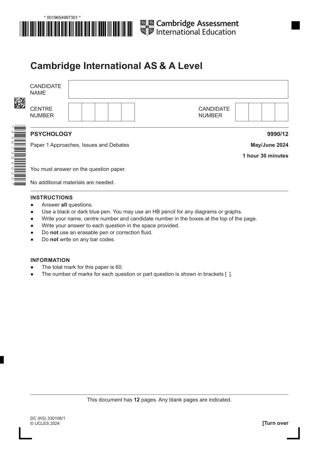 Cambridge A Level Psychology (from 2018) 9990 2024 May/June Paper 1 · Variant 2 question paper, page 1 of 12