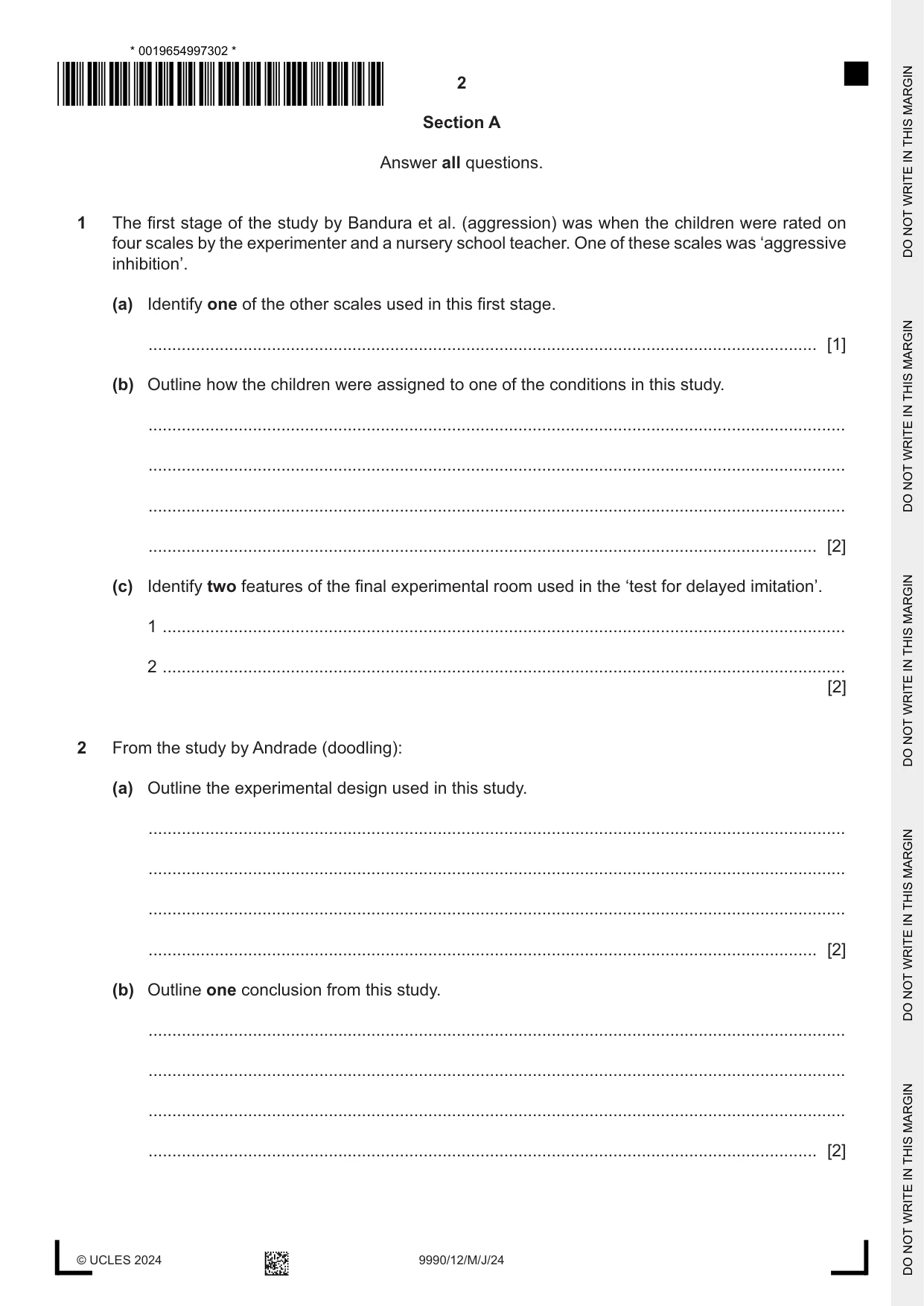 Cambridge A Level Psychology (from 2018) 9990 2024 May/June Paper 1 · Variant 2 question paper, page 2 of 12