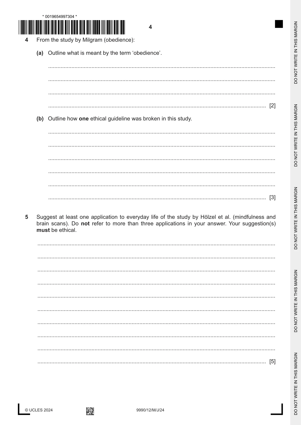 Cambridge A Level Psychology (from 2018) 9990 2024 May/June Paper 1 · Variant 2 question paper, page 4 of 12
