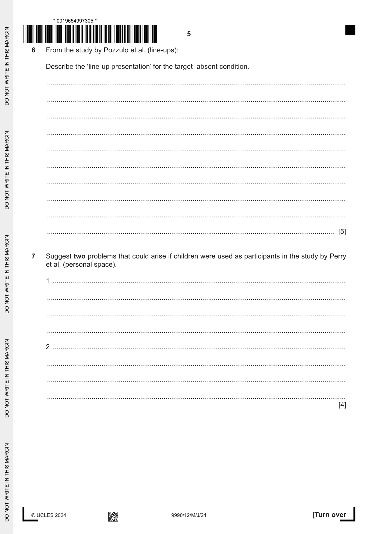 Cambridge A Level Psychology (from 2018) 9990 2024 May/June Paper 1 · Variant 2 question paper, page 5 of 12
