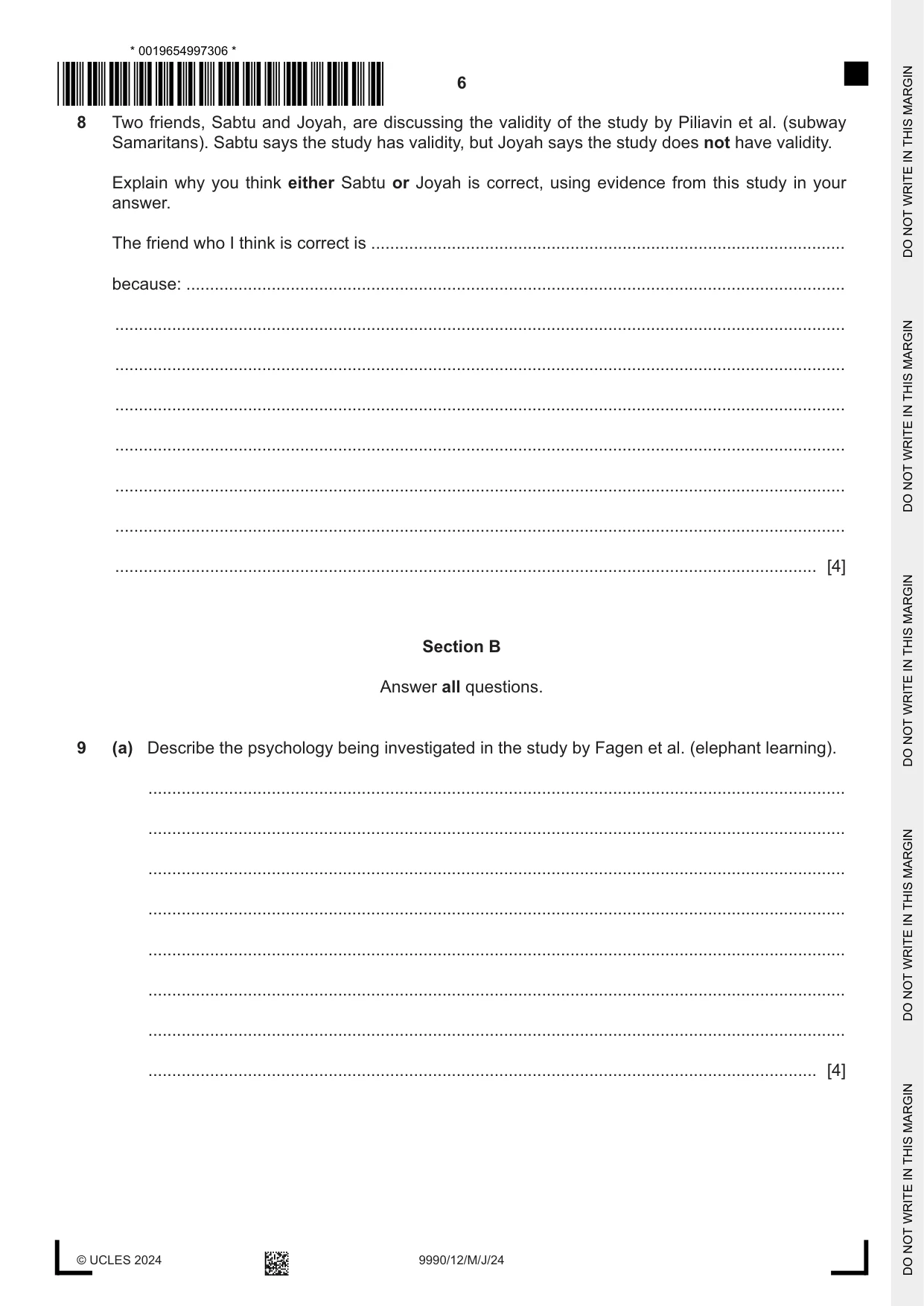 Cambridge A Level Psychology (from 2018) 9990 2024 May/June Paper 1 · Variant 2 question paper, page 6 of 12
