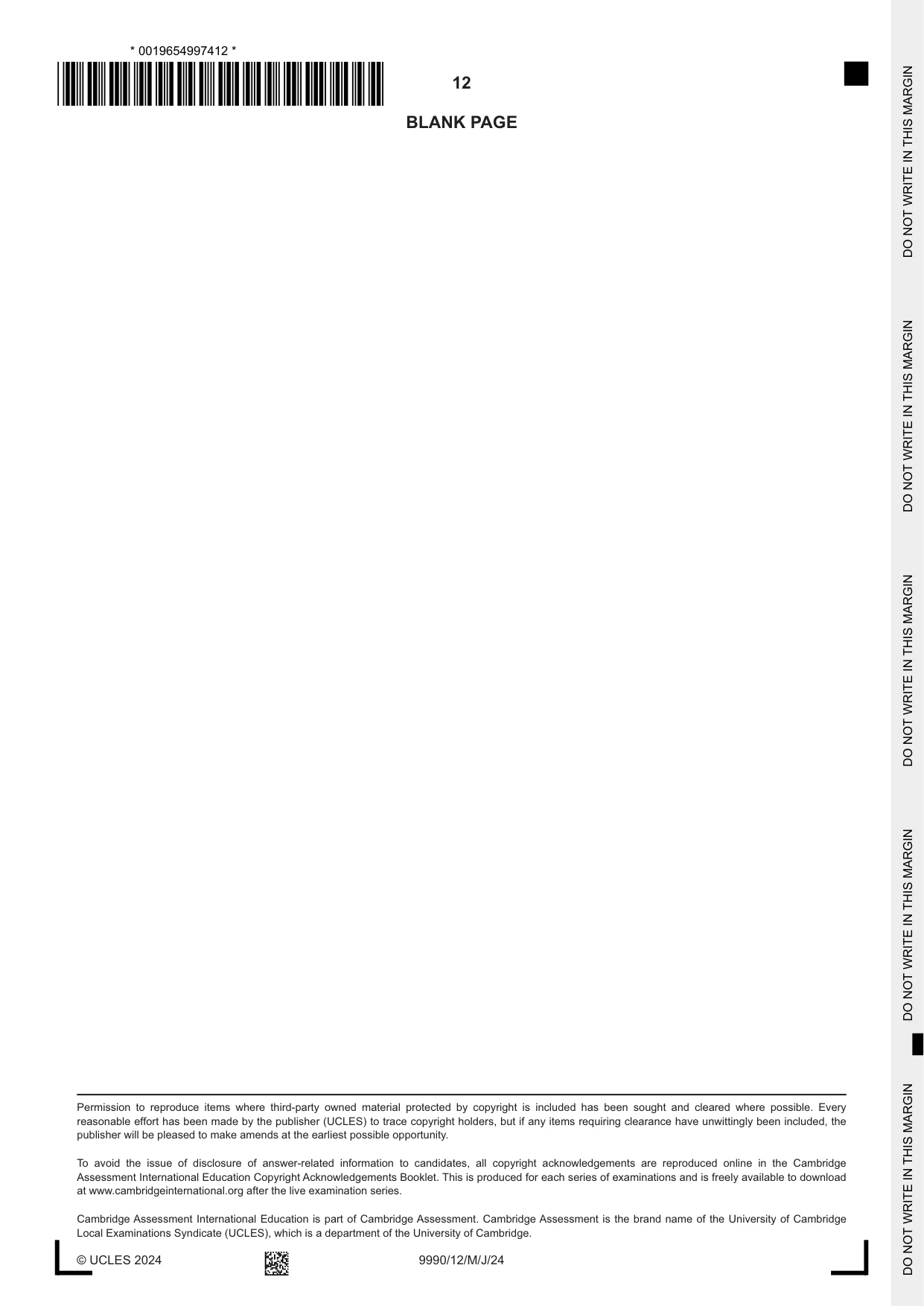 Cambridge A Level Psychology (from 2018) 9990 2024 May/June Paper 1 · Variant 2 question paper, page 12 of 12