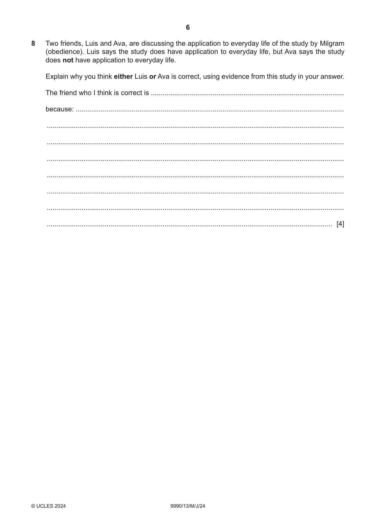 Cambridge A Level Psychology (from 2018) 9990 2024 May/June Paper 1 · Variant 3 question paper, page 6 of 12