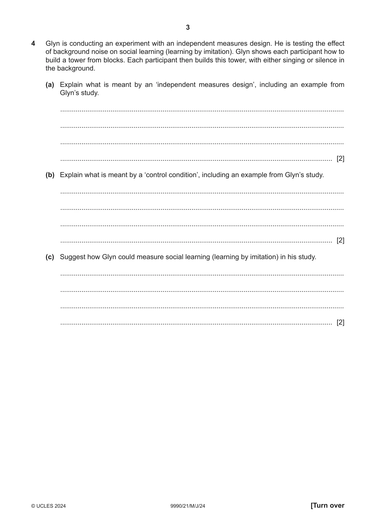 Cambridge A Level Psychology (from 2018) 9990 2024 May/June Paper 2 · Variant 1 question paper, page 3 of 12