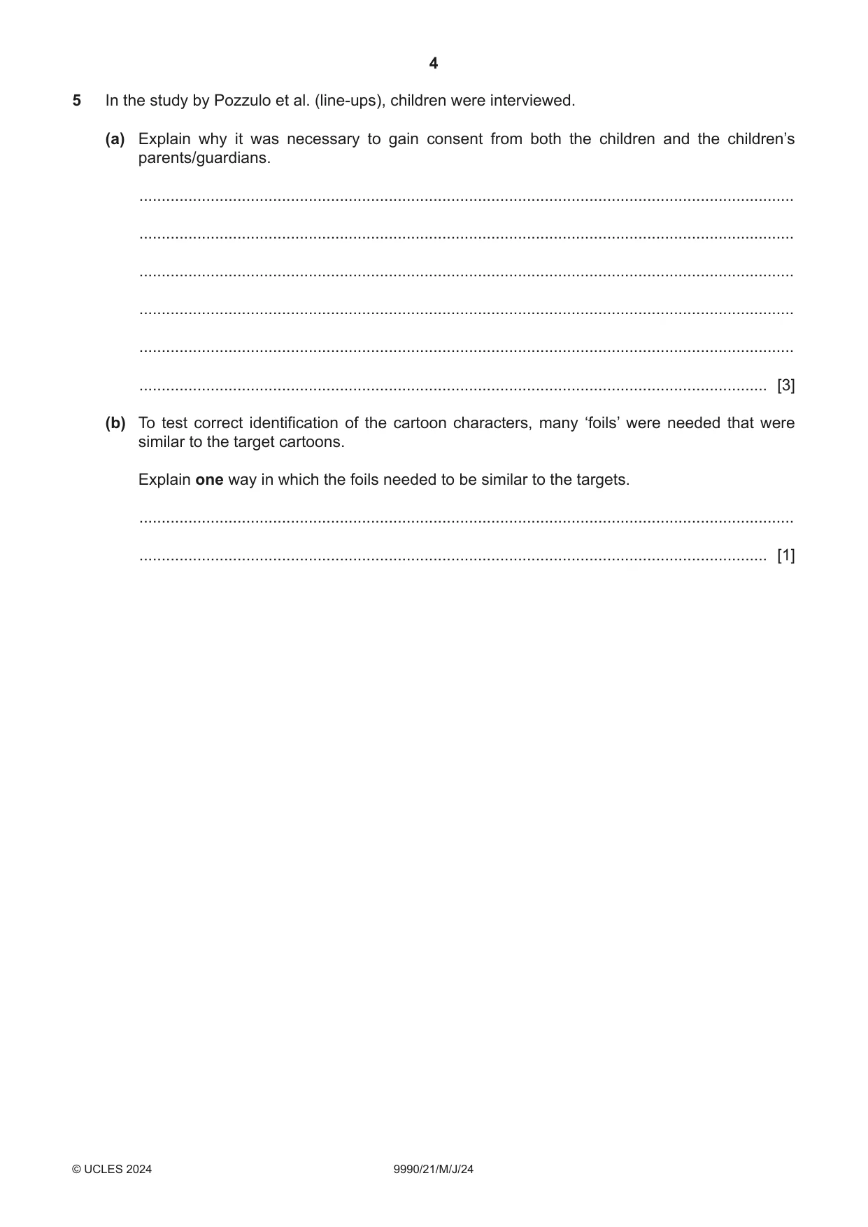 Cambridge A Level Psychology (from 2018) 9990 2024 May/June Paper 2 · Variant 1 question paper, page 4 of 12