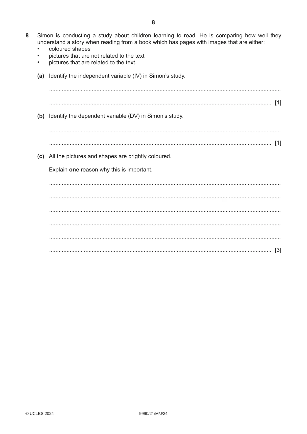 Cambridge A Level Psychology (from 2018) 9990 2024 May/June Paper 2 · Variant 1 question paper, page 8 of 12