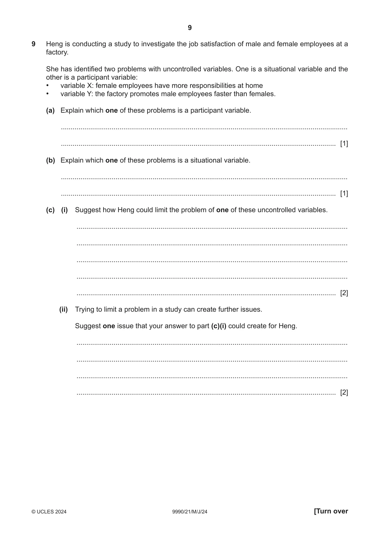 Cambridge A Level Psychology (from 2018) 9990 2024 May/June Paper 2 · Variant 1 question paper, page 9 of 12