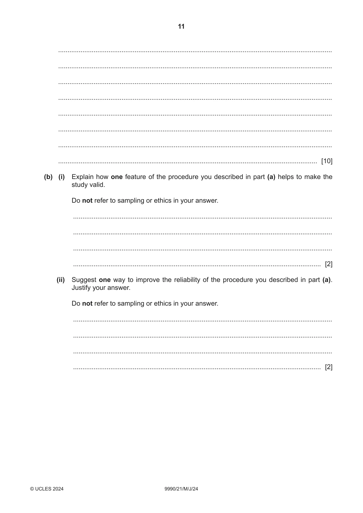 Cambridge A Level Psychology (from 2018) 9990 2024 May/June Paper 2 · Variant 1 question paper, page 11 of 12