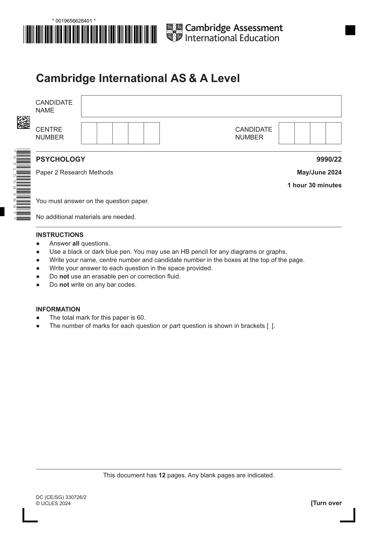 Cambridge A Level Psychology (from 2018) 9990 2024 May/June Paper 2 · Variant 2 question paper, page 1 of 12
