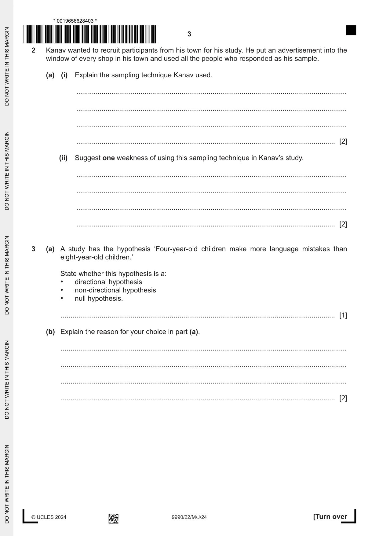 Cambridge A Level Psychology (from 2018) 9990 2024 May/June Paper 2 · Variant 2 question paper, page 3 of 12
