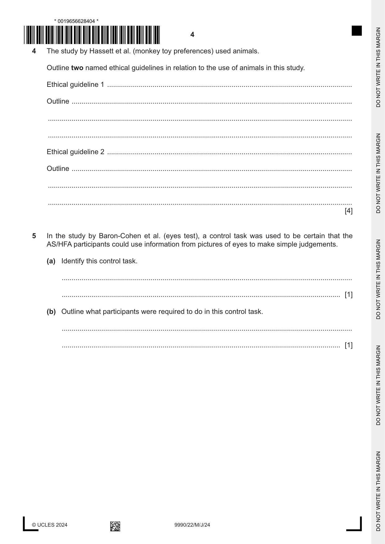 Cambridge A Level Psychology (from 2018) 9990 2024 May/June Paper 2 · Variant 2 question paper, page 4 of 12