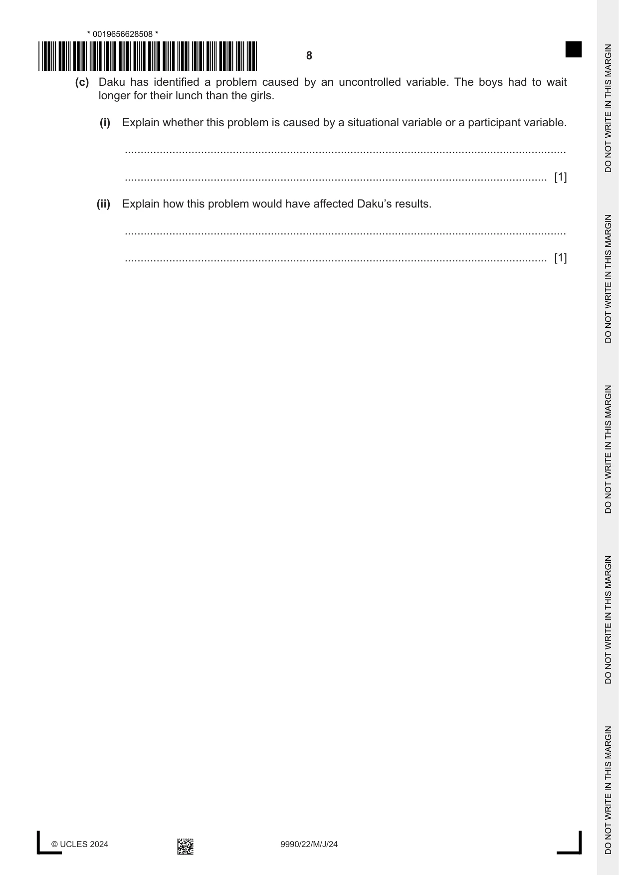Cambridge A Level Psychology (from 2018) 9990 2024 May/June Paper 2 · Variant 2 question paper, page 8 of 12