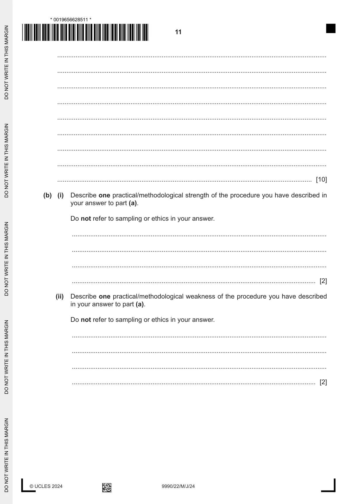 Cambridge A Level Psychology (from 2018) 9990 2024 May/June Paper 2 · Variant 2 question paper, page 11 of 12