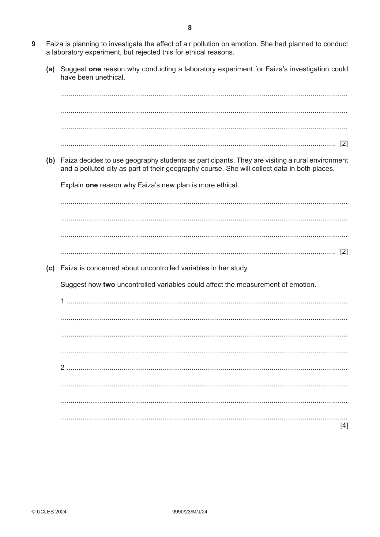Cambridge A Level Psychology (from 2018) 9990 2024 May/June Paper 2 · Variant 3 question paper, page 8 of 12