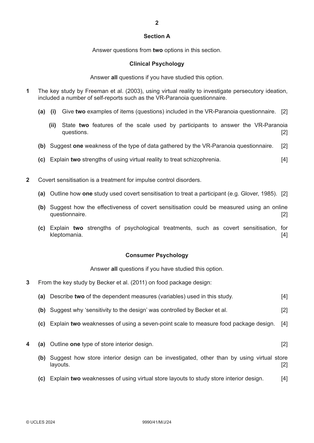 Cambridge A Level Psychology (from 2018) 9990 2024 May/June Paper 4 · Variant 1 question paper, page 2 of 8